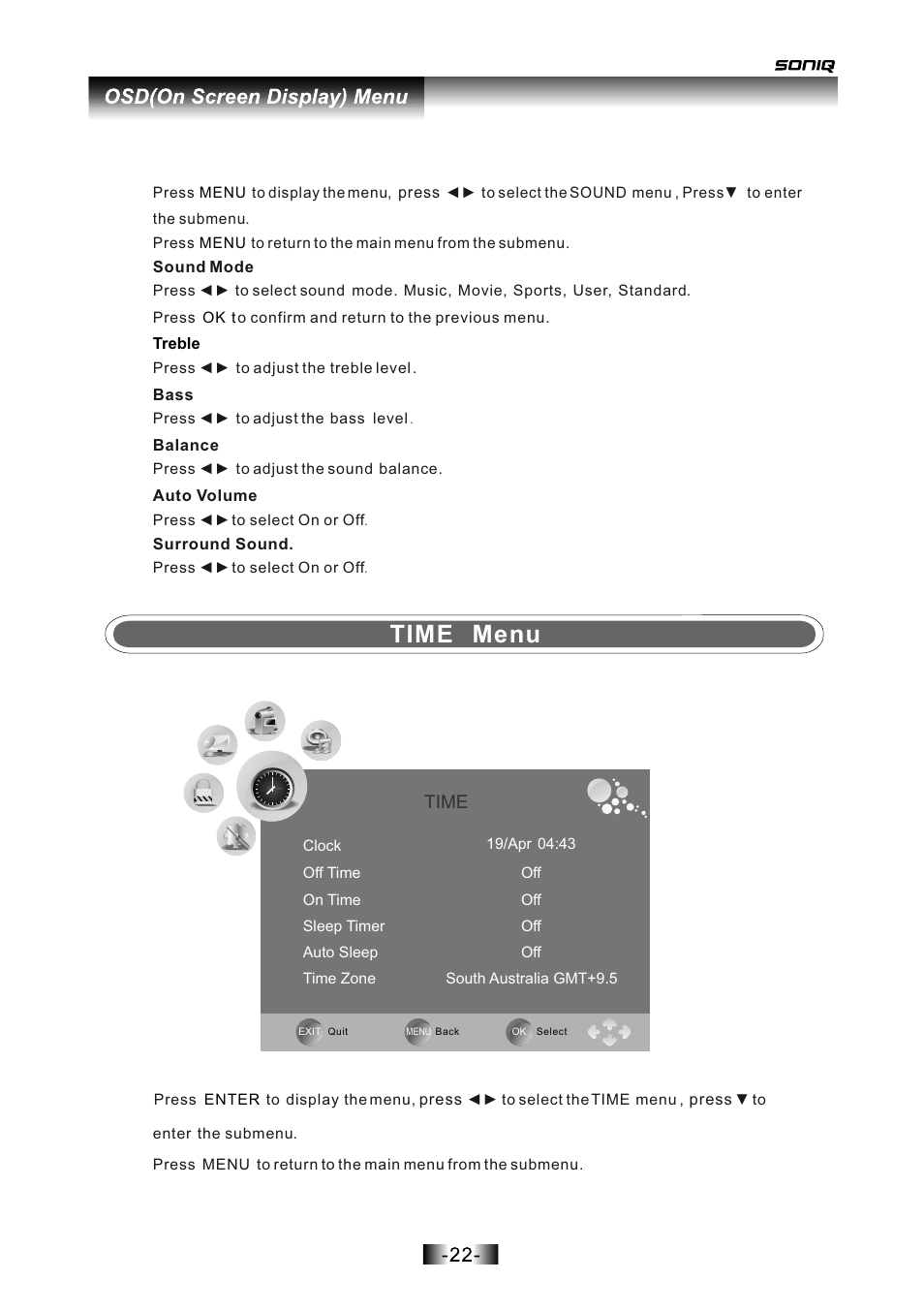 页面 23, Time menu, Time | SONIQ L16V10B User Manual | Page 23 / 37