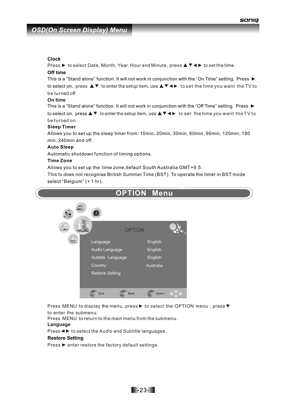 页面 24, Option menu | SONIQ L16V10B User Manual | Page 24 / 37