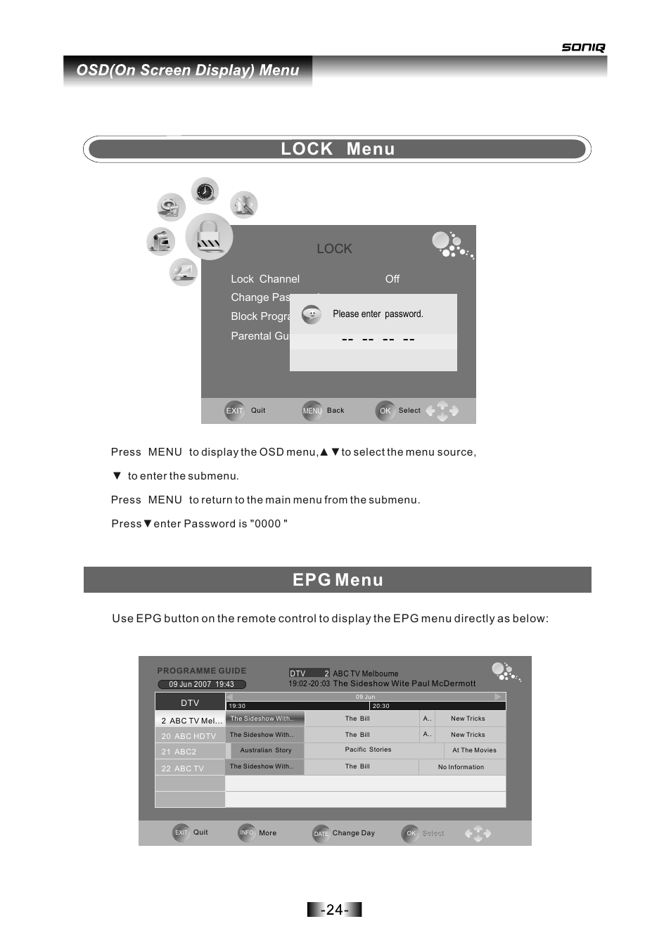 页面 25, Lock menu, Epg menu | Lock | SONIQ L16V10B User Manual | Page 25 / 37