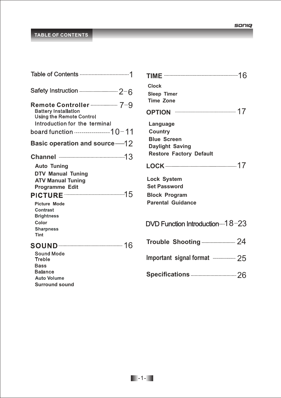 SONIQ L26V10A User Manual | Page 2 / 27