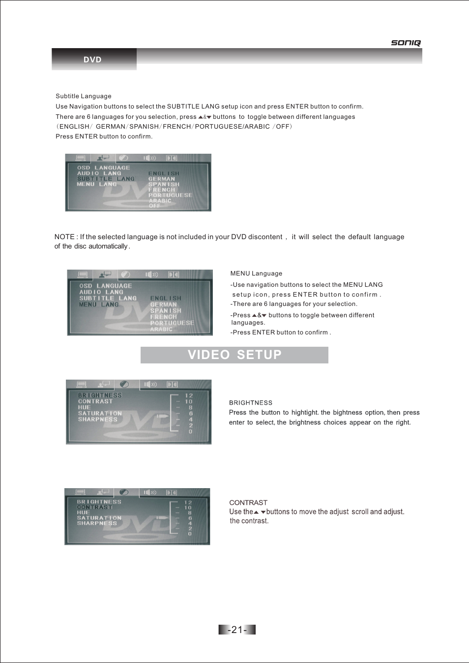 页 21, Video setup | SONIQ L26V10A User Manual | Page 22 / 27