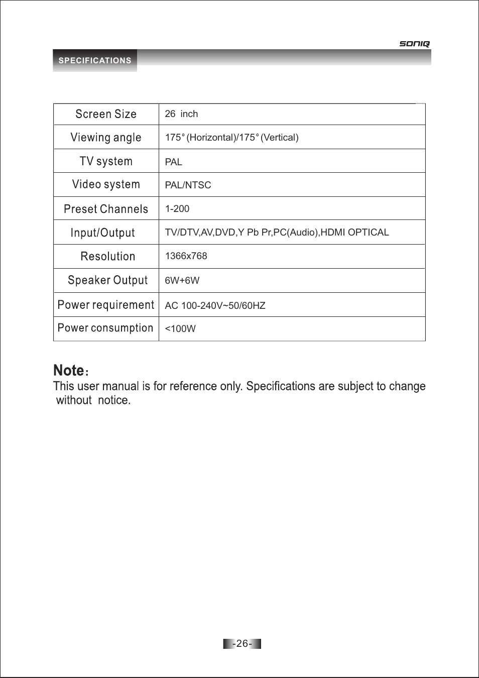 页 26 | SONIQ L26V10A User Manual | Page 27 / 27