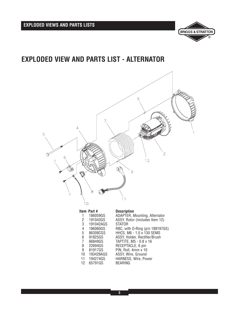 Exploded view and parts list - alternator | Briggs & Stratton 30324 User Manual | Page 5 / 5