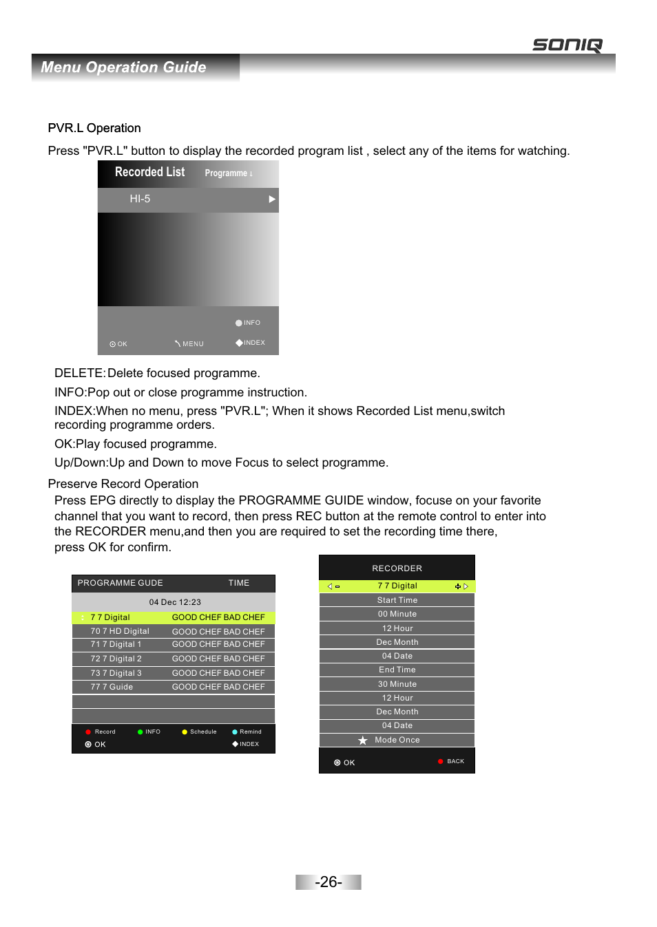 页面 28, Recorded list | SONIQ L32V11B User Manual | Page 27 / 37