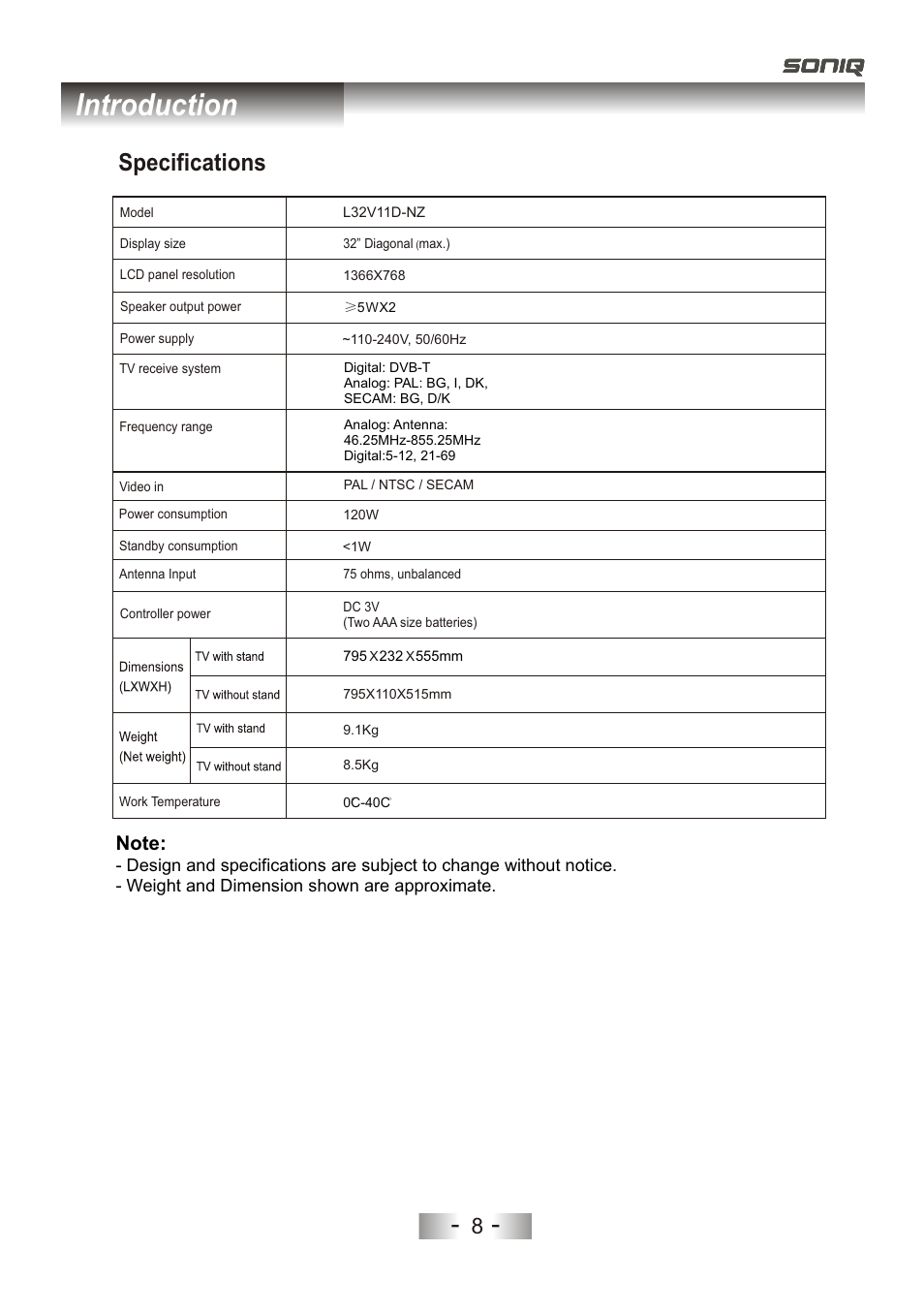 页 11, Introduction, Specifications | SONIQ L32V11D-NZ User Manual | Page 10 / 55