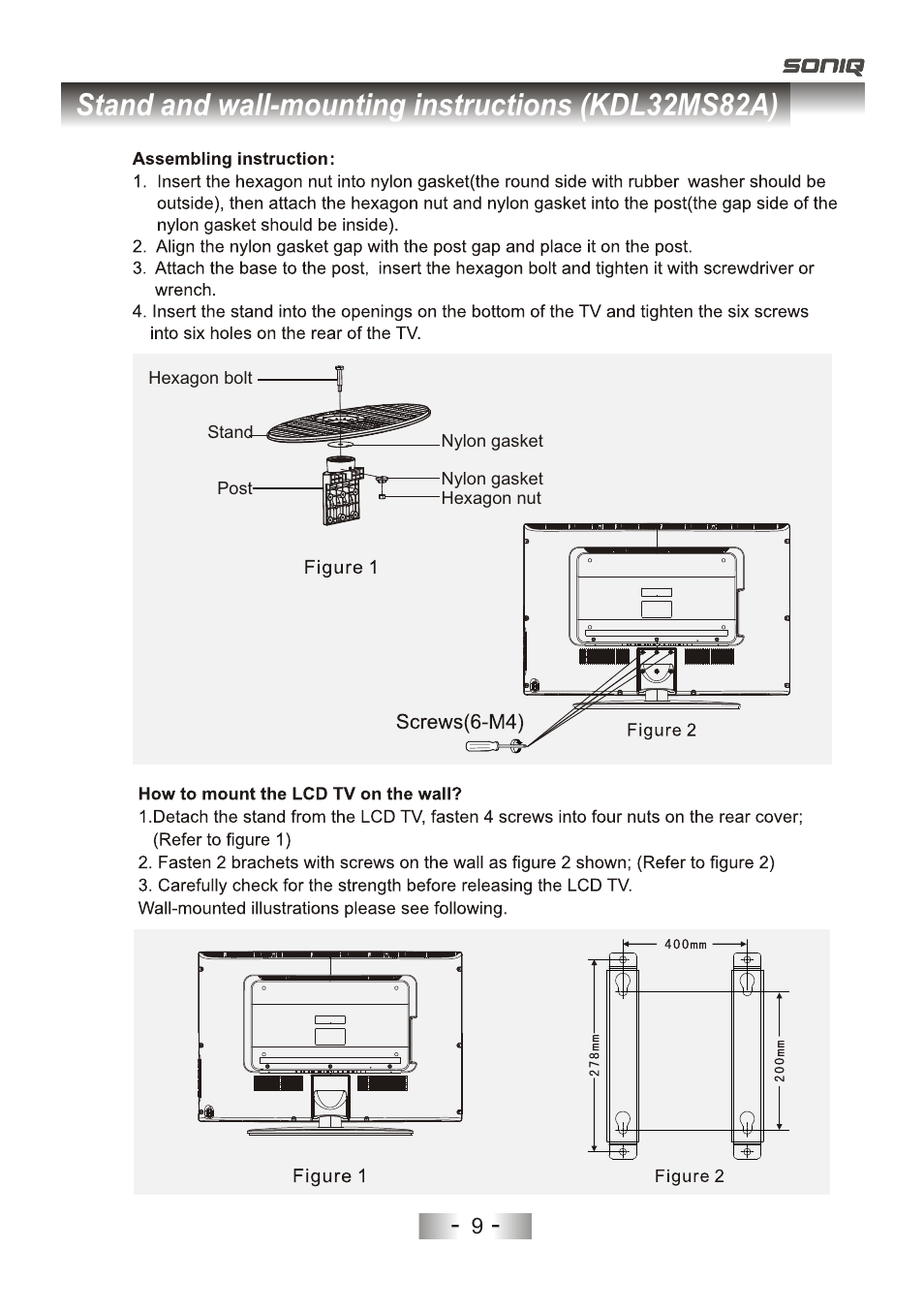 页 12, Stand and wall-mounting instructions (kdl32ms82a) | SONIQ L32V11D-NZ User Manual | Page 11 / 55