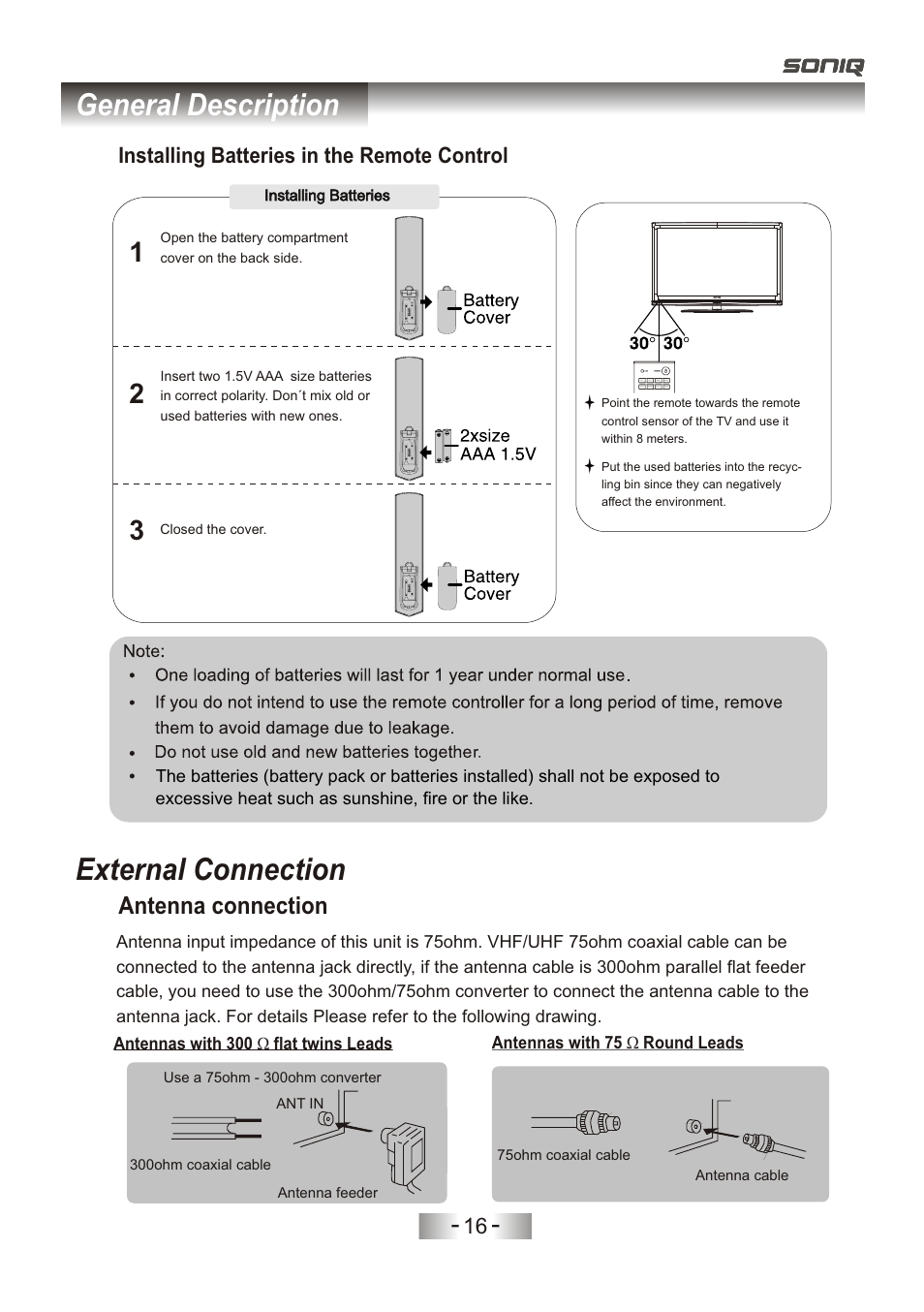 页 19, General description, External connection | Antenna connection, Installing batteries in the remote control | SONIQ L32V11D-NZ User Manual | Page 18 / 55
