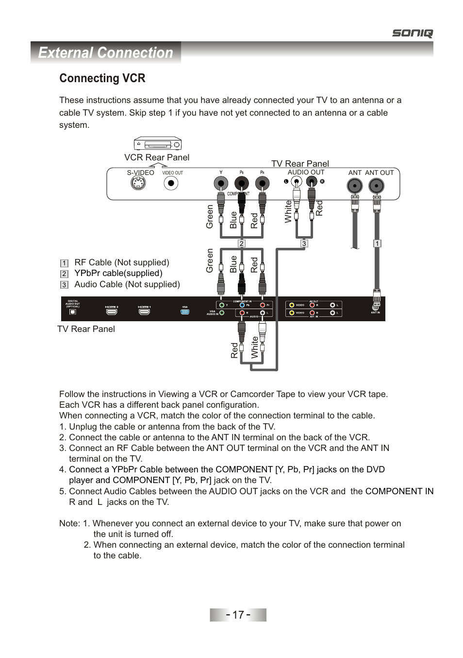 页 20, External connection, Connecting vcr | SONIQ L32V11D-NZ User Manual | Page 19 / 55