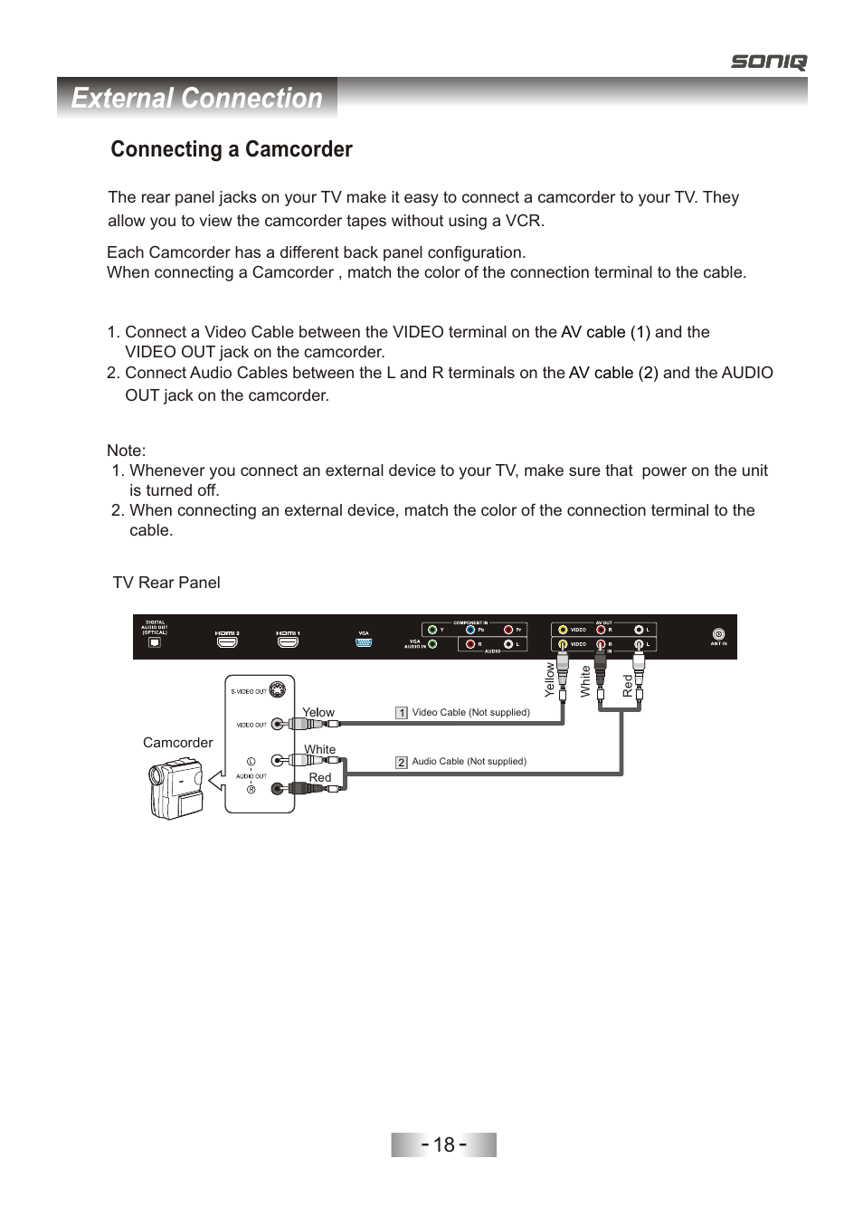 页 21, External connection, Connecting a camcorder | SONIQ L32V11D-NZ User Manual | Page 20 / 55