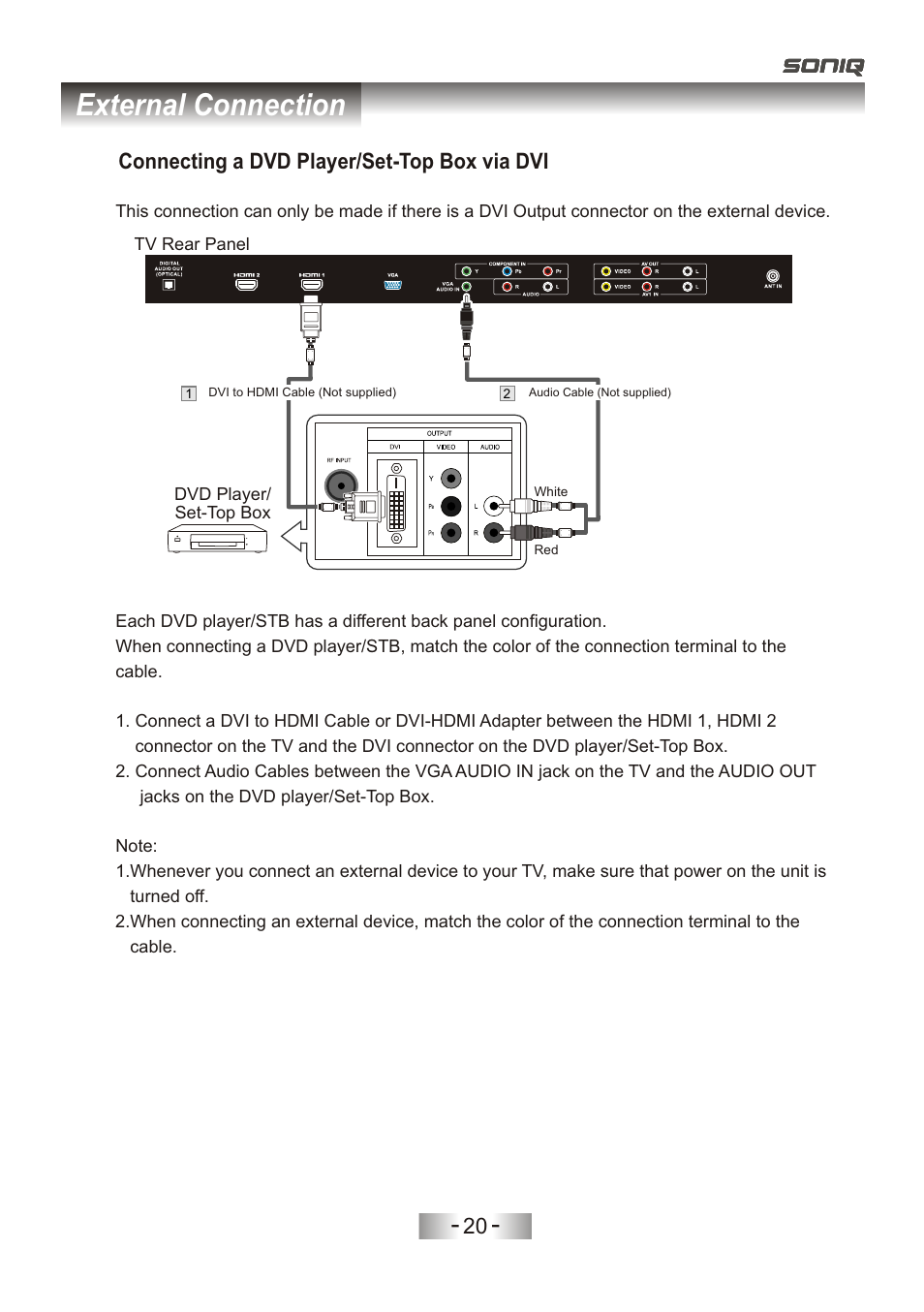 页 23, External connection, Connecting a dvd player/set-top box via dvi | SONIQ L32V11D-NZ User Manual | Page 22 / 55