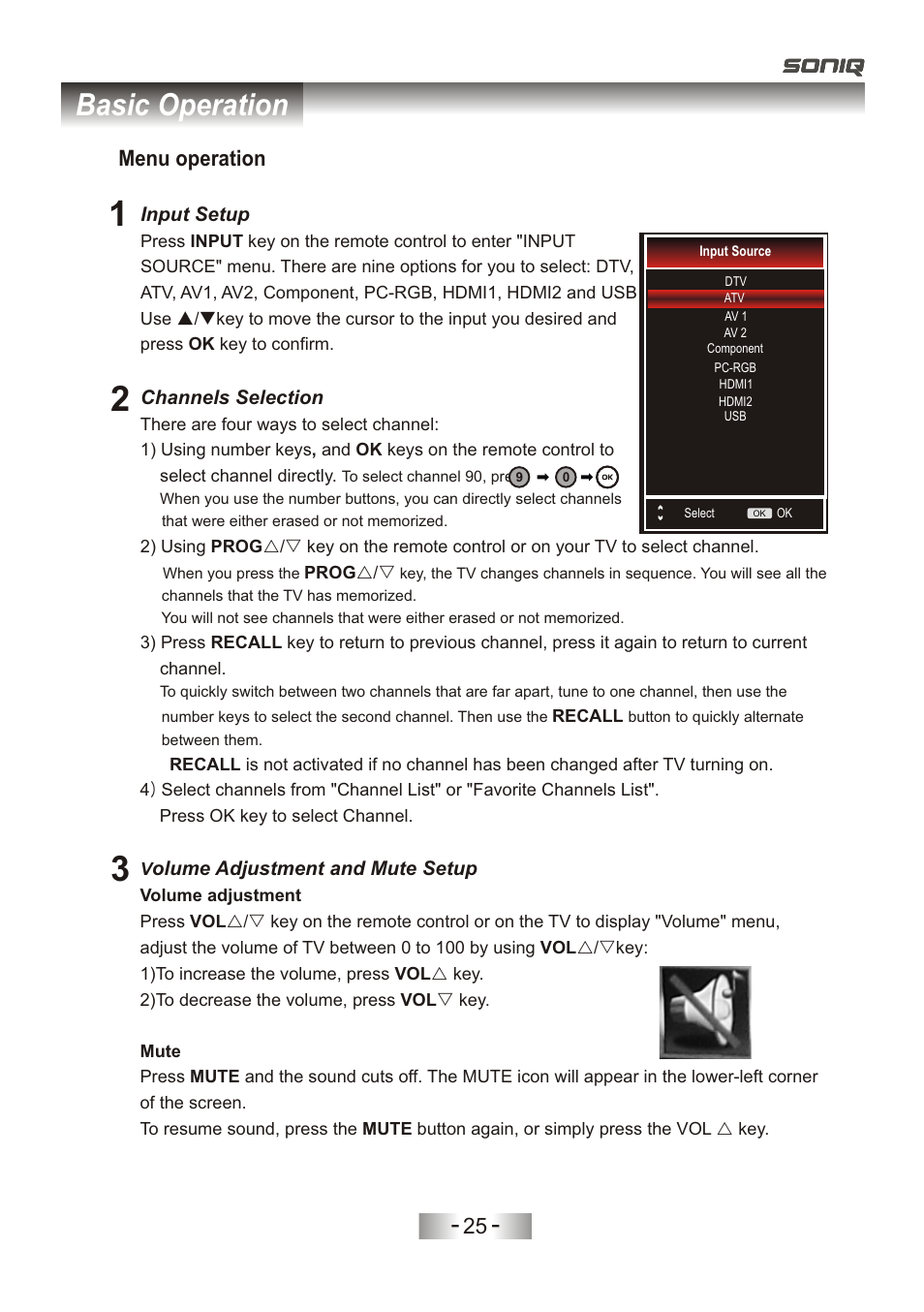 页 28, Basic operation, Menu operation | SONIQ L32V11D-NZ User Manual | Page 27 / 55
