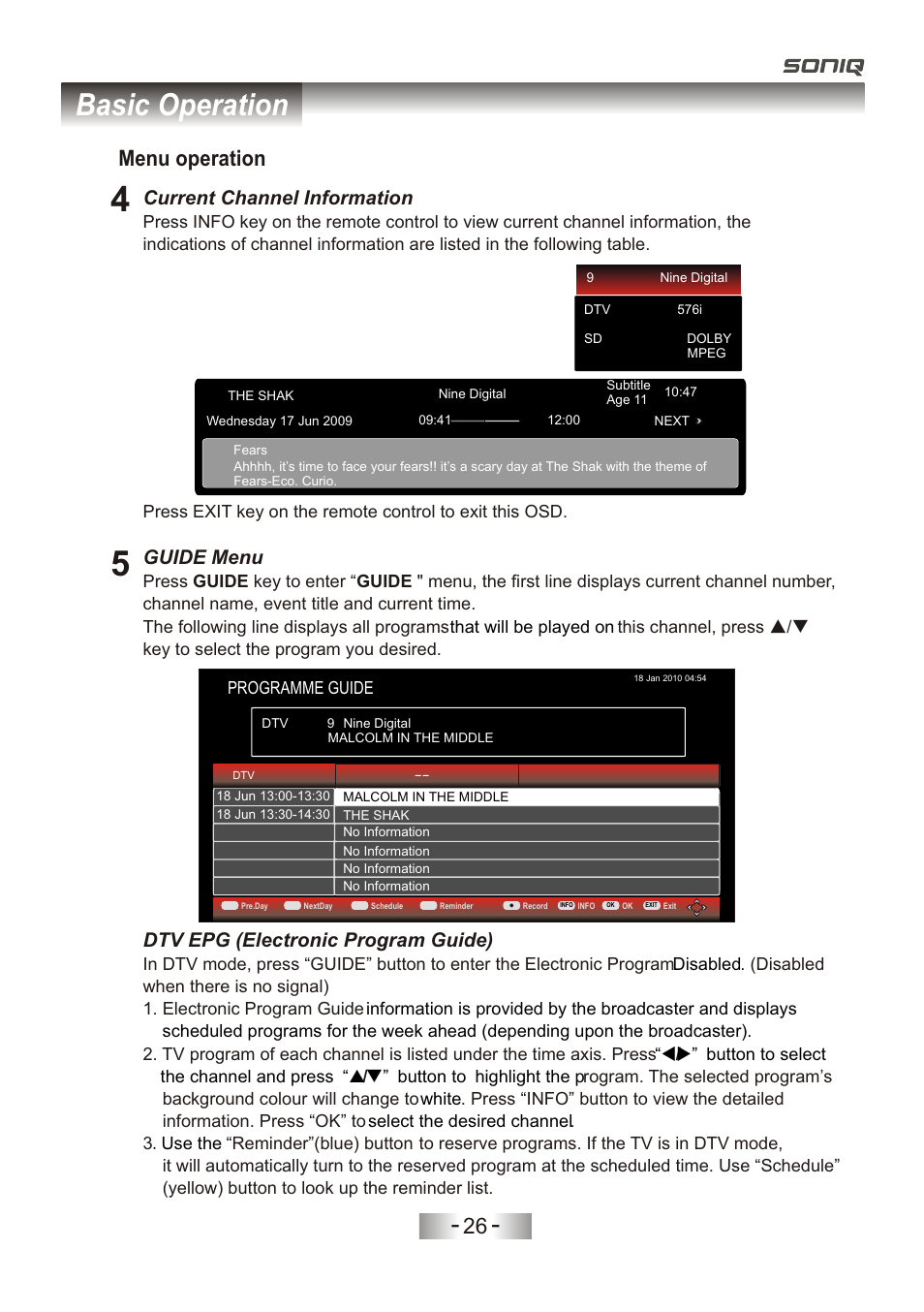 页 29, Basic operation, Menu operation | Current channel information, Guide menu, Dtv epg (electronic program guide), Programme guide | SONIQ L32V11D-NZ User Manual | Page 28 / 55