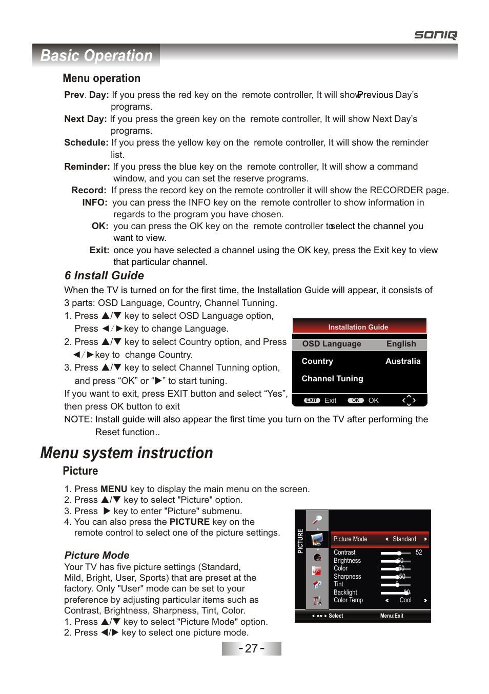 页 30, Basic operation, Menu system instruction | 6 install guide, Menu operation, Picture | SONIQ L32V11D-NZ User Manual | Page 29 / 55