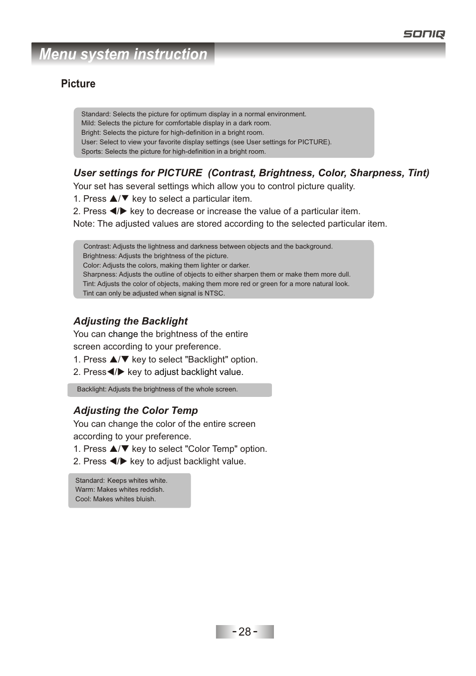 页 31, Menu system instruction, 28 picture | SONIQ L32V11D-NZ User Manual | Page 30 / 55