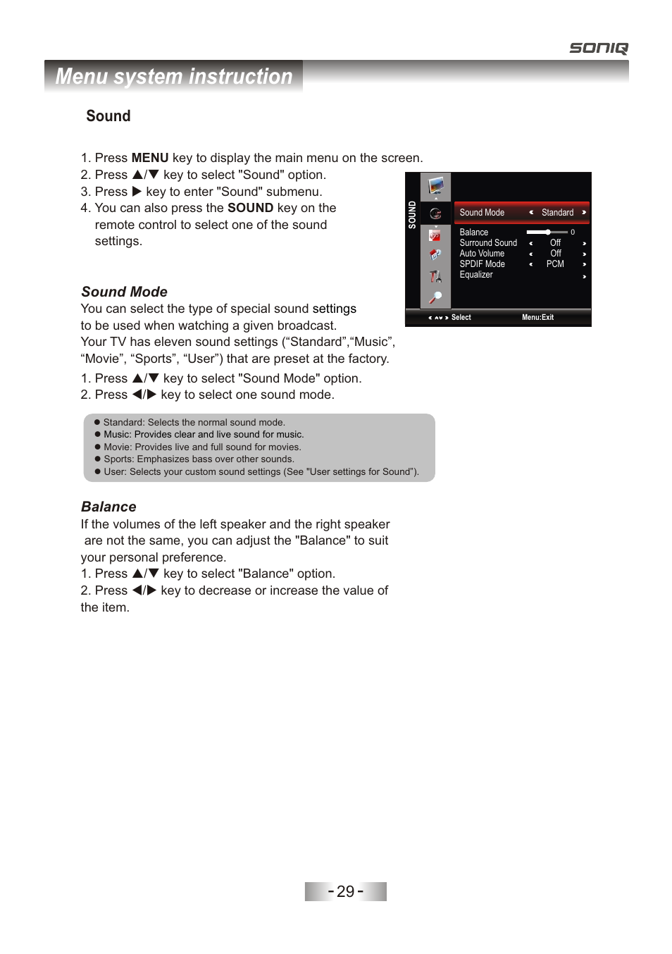 页 32, Menu system instruction, 29 sound | Sound mode, Balance | SONIQ L32V11D-NZ User Manual | Page 31 / 55