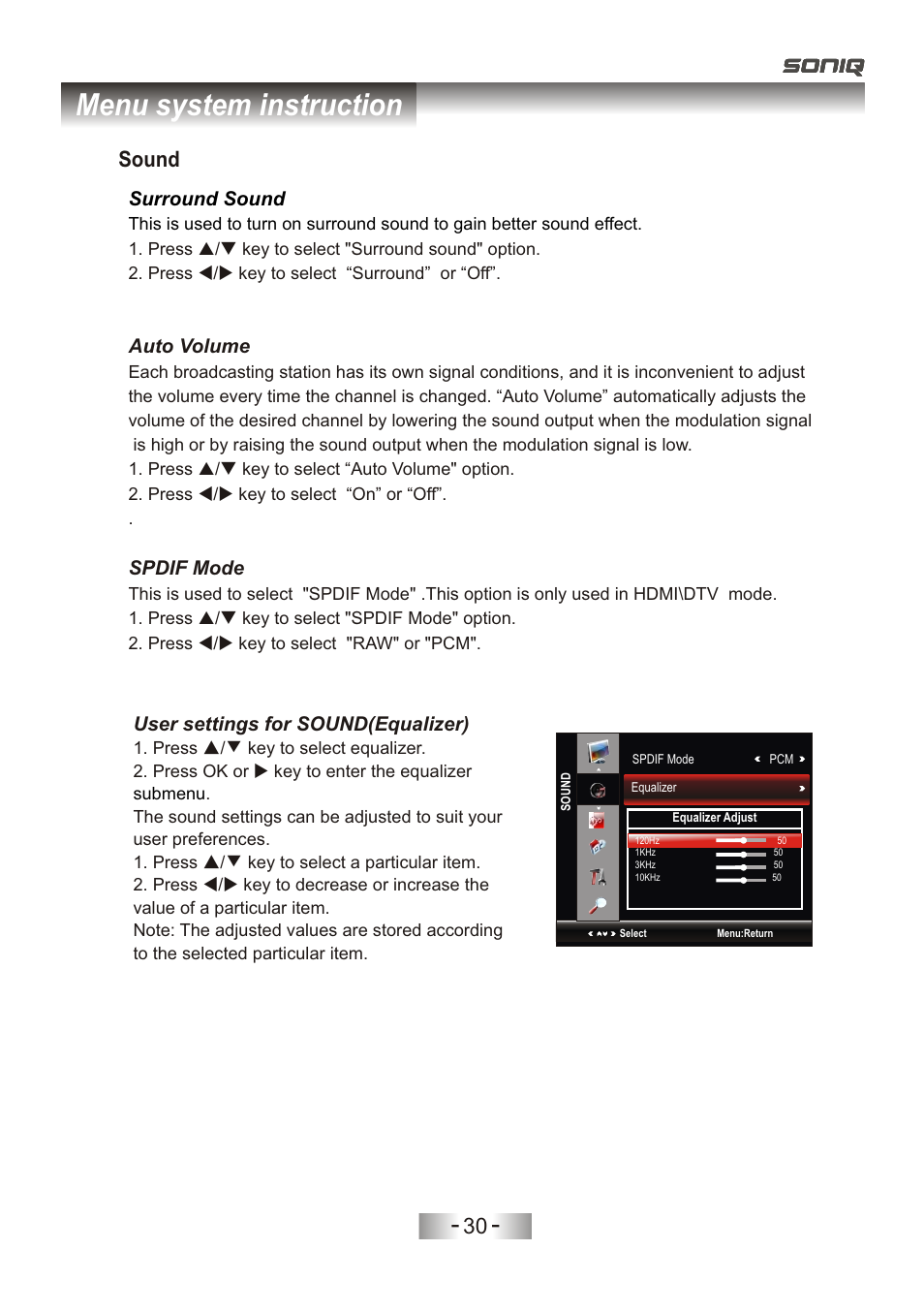页 33, Menu system instruction, Sound | Surround sound, Auto volume, Spdif mode, User settings for sound(equalizer) | SONIQ L32V11D-NZ User Manual | Page 32 / 55