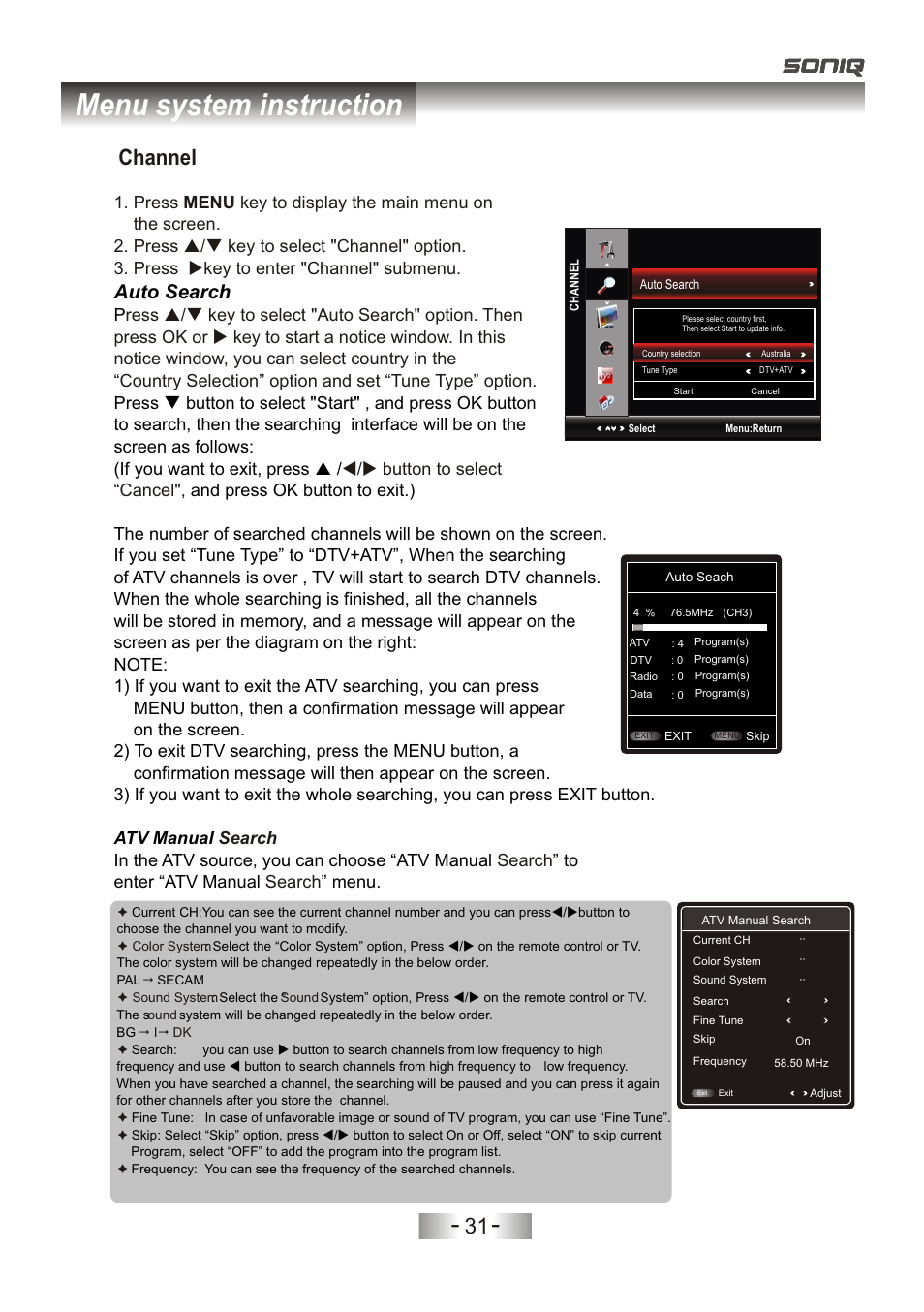 页 34, Menu system instruction, Channel | Auto search | SONIQ L32V11D-NZ User Manual | Page 33 / 55