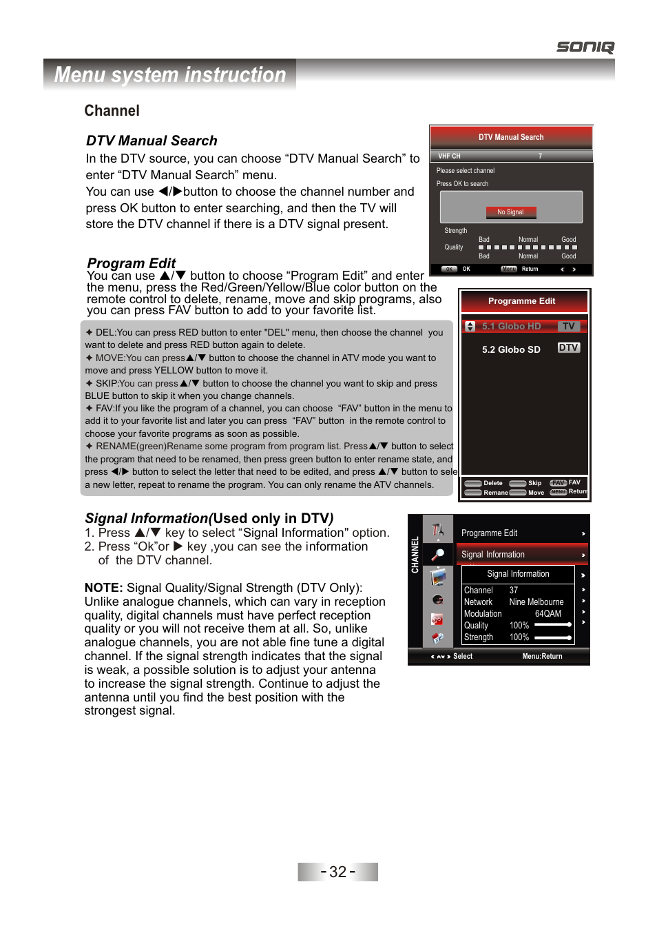 页 35, Menu system instruction, Channel | Used only in dtv ), Signal information, Program edit, Dtv manual search, Signal information nformation | SONIQ L32V11D-NZ User Manual | Page 34 / 55