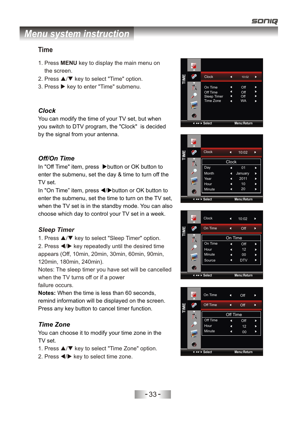 页 36, Menu system instruction, Time | Sleep timer, Clock, Off/on time, Time zone | SONIQ L32V11D-NZ User Manual | Page 35 / 55