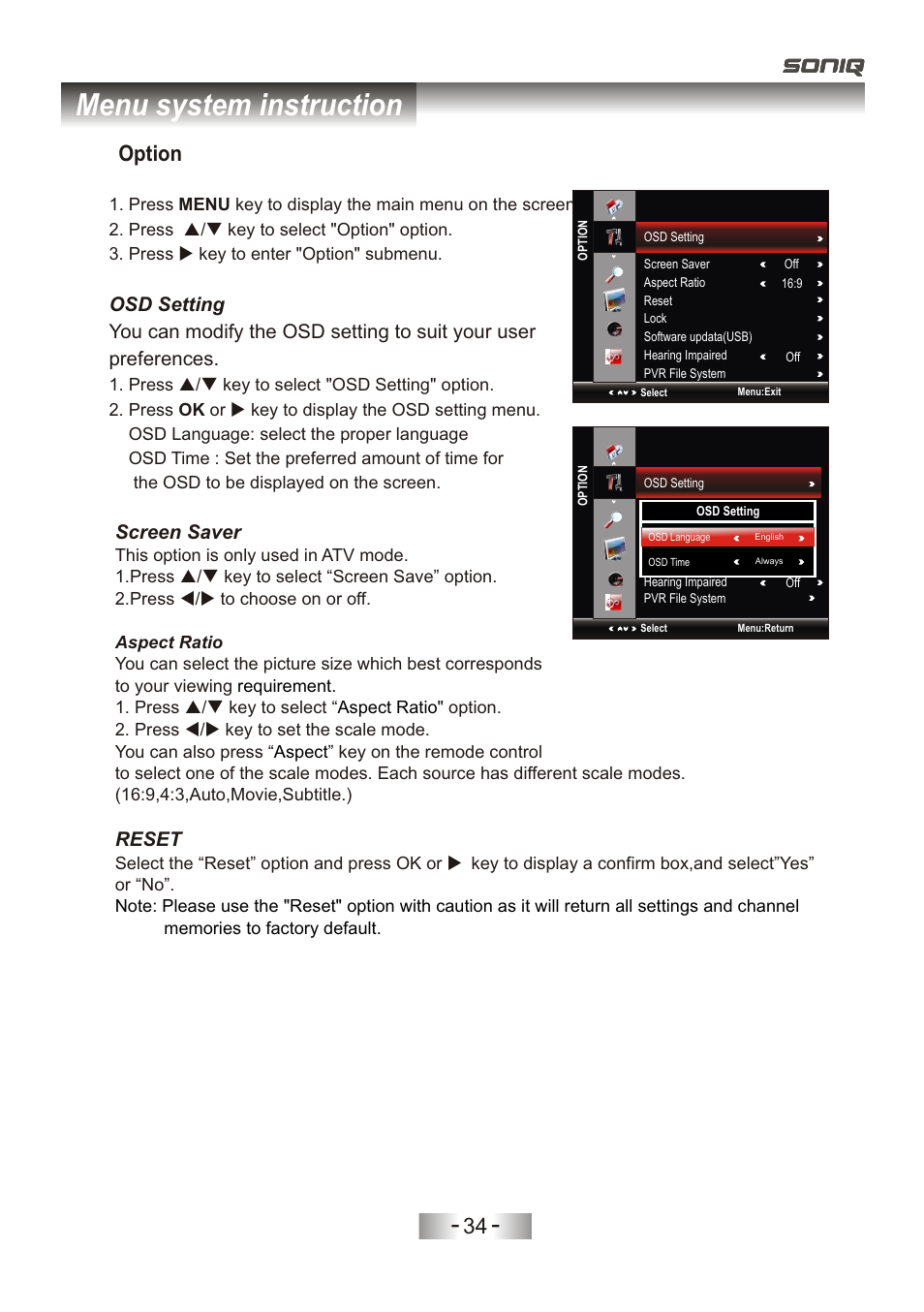 页 37, Menu system instruction, Option | Screen saver, Reset | SONIQ L32V11D-NZ User Manual | Page 36 / 55