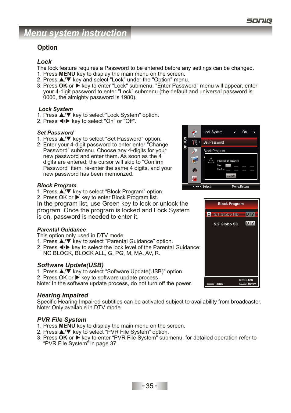 页 38, Menu system instruction, Option | Lock, Hearing impaired, Software update(usb), Pvr file system | SONIQ L32V11D-NZ User Manual | Page 37 / 55