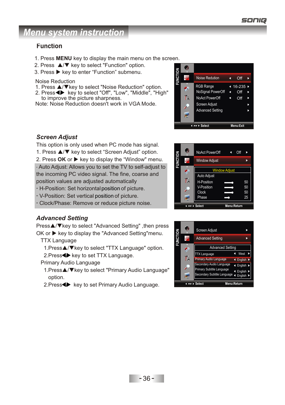 页 39, Menu system instruction, Function | Screen adjust, Advanced setting | SONIQ L32V11D-NZ User Manual | Page 38 / 55