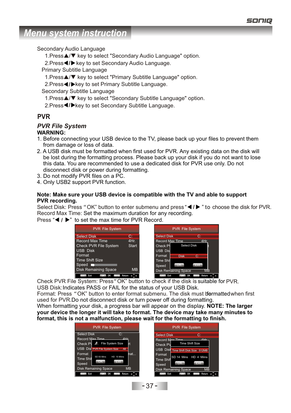 页 40, Menu system instruction, Pvr file system | T u / t u | SONIQ L32V11D-NZ User Manual | Page 39 / 55