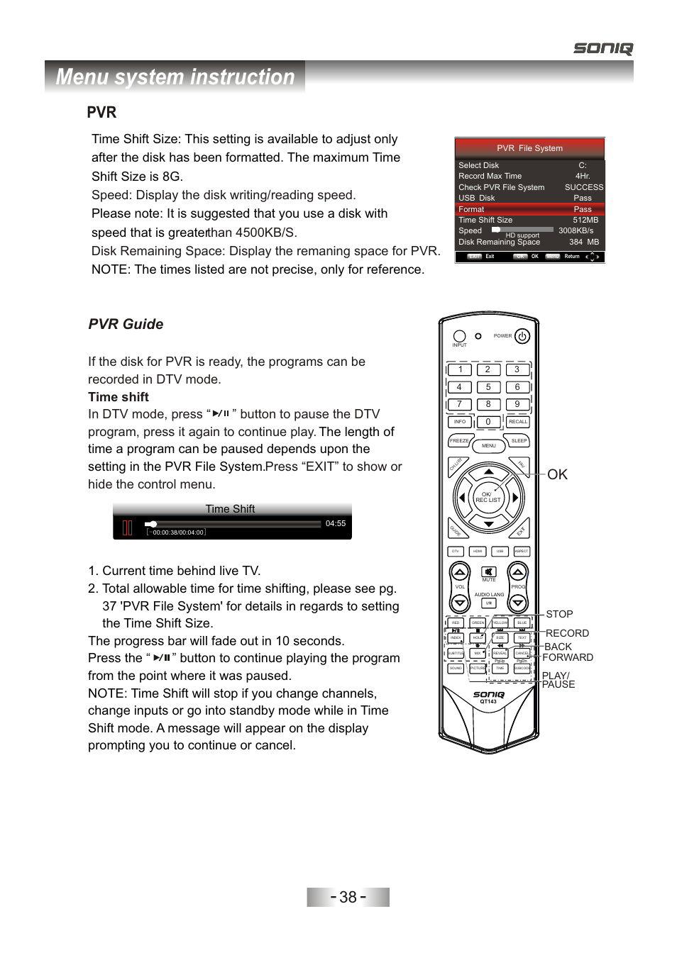 页 41, Menu system instruction, Pvr guide | Time shift, Back forward play/ pause stop record | SONIQ L32V11D-NZ User Manual | Page 40 / 55