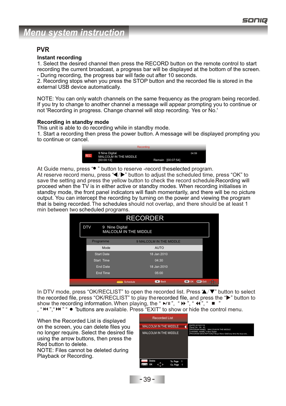 页 42, Menu system instruction, Recorder | SONIQ L32V11D-NZ User Manual | Page 41 / 55