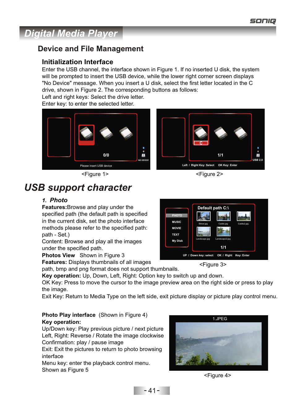 页 44, Usb support character, Digital media player | Device and file management, Initialization interface, Photo, Figure 1> <figure 2> <figure 3, Figure 4 | SONIQ L32V11D-NZ User Manual | Page 43 / 55