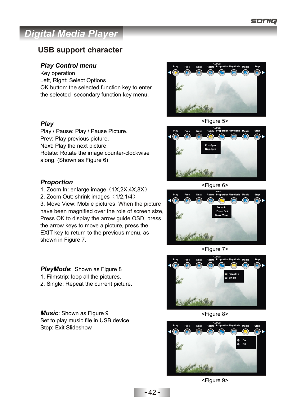 页 45, Digital media player, Usb support character | Play control menu, Play, Proportion, Playmode, Music, Figure 5, Figure 6 | SONIQ L32V11D-NZ User Manual | Page 44 / 55