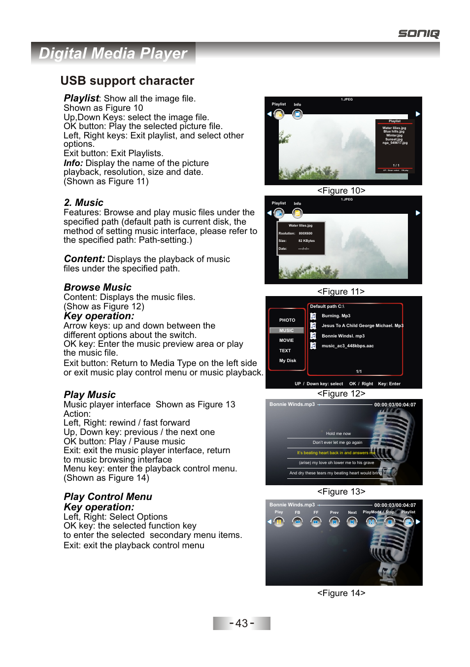 页 46, Digital media player, Usb support character | Playlist, Music, Content, Browse music, Key operation, Play music, Play control menu key operation | SONIQ L32V11D-NZ User Manual | Page 45 / 55