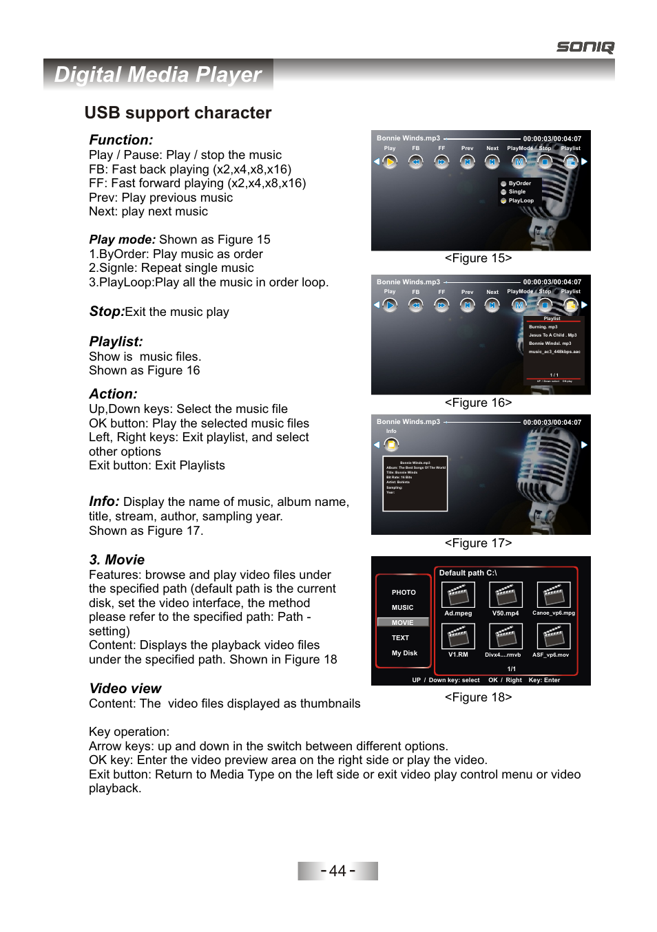 页 47, Digital media player, Usb support character | Action, Function, Stop, Playlist, Info, Movie, Video view | SONIQ L32V11D-NZ User Manual | Page 46 / 55