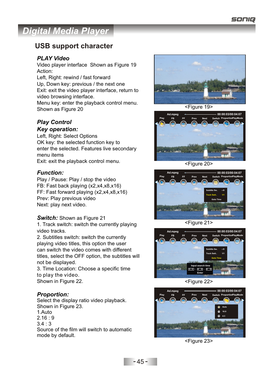 页 48, Digital media player, Usb support character | Play video, Play control key operation, Function, Switch, Proportion, Figure 22, Figure 23 | SONIQ L32V11D-NZ User Manual | Page 47 / 55