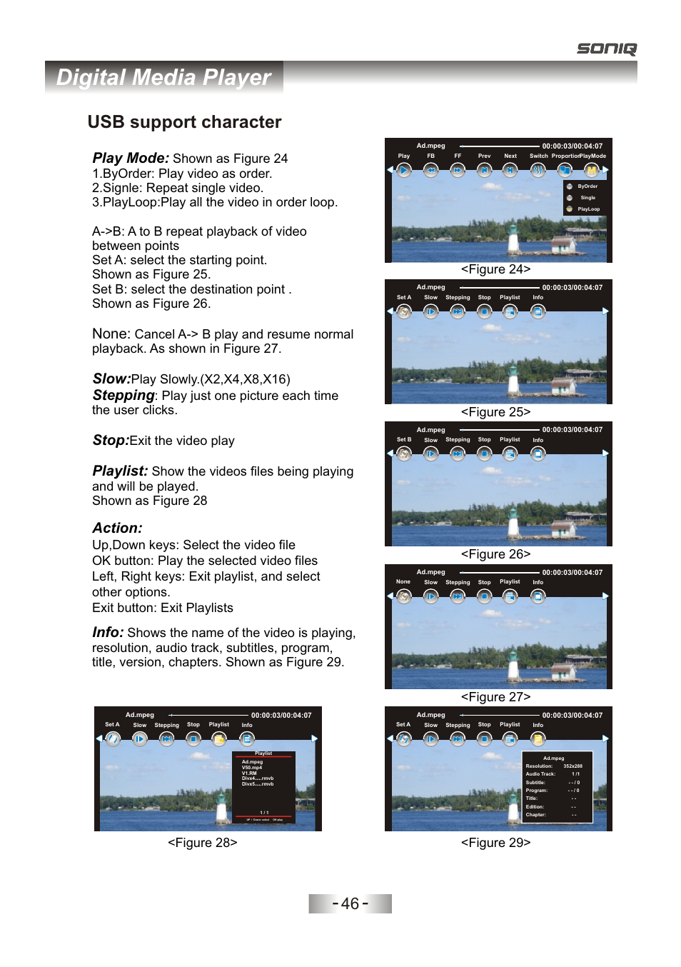 页 49, Digital media player, Usb support character | Play mode, None, Slow, Stepping, Stop, Playlist, Info | SONIQ L32V11D-NZ User Manual | Page 48 / 55
