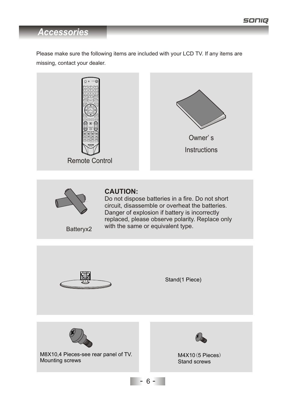Accessories, Remote control owner’ s instructions, Caution | Batteryx2, Sound, Text subtitle time subcode, Dtv hdmi usb index, Aspect | SONIQ L32V11D-NZ User Manual | Page 8 / 55