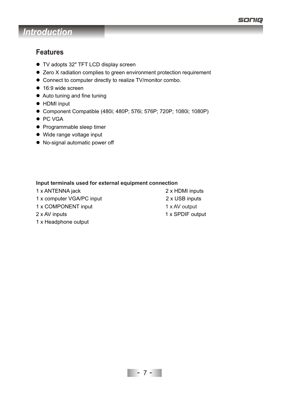 页 10, Introduction, Features | SONIQ L32V11D-NZ User Manual | Page 9 / 55