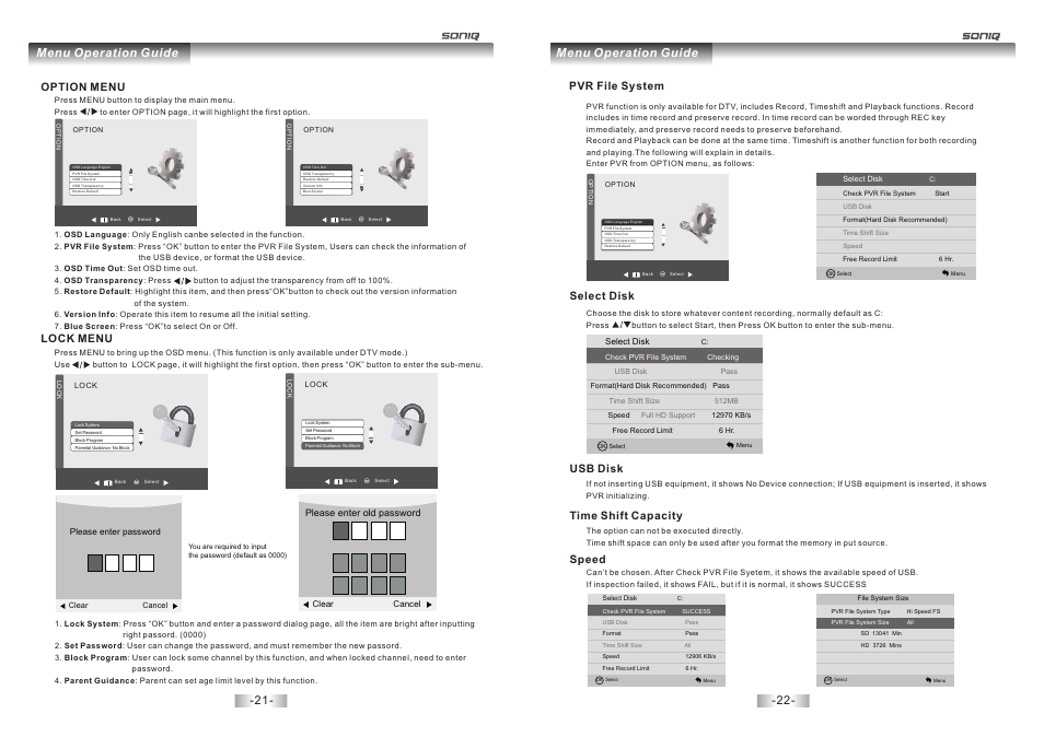 页 12, Menu operation guide, Option menu | Lock menu, Pvr file system, Select disk, Usb disk, Time shift capacity, Speed | SONIQ L32V12B User Manual | Page 12 / 17