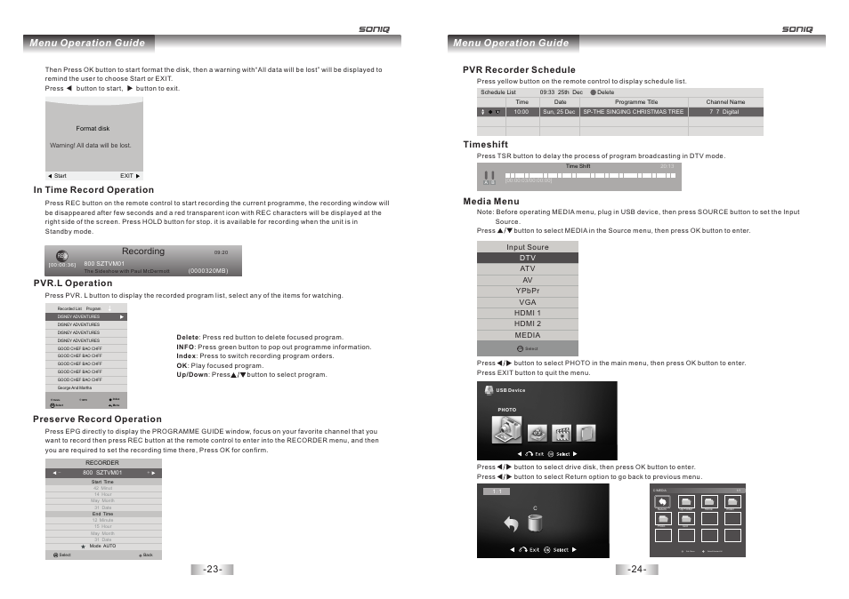页 13, Sub menu select/unselect all, Menu operation guide | Pvr.l operation, Preserve record operation, Pvr recorder schedule, Timeshift, Media menu, Recording | SONIQ L32V12B User Manual | Page 13 / 17