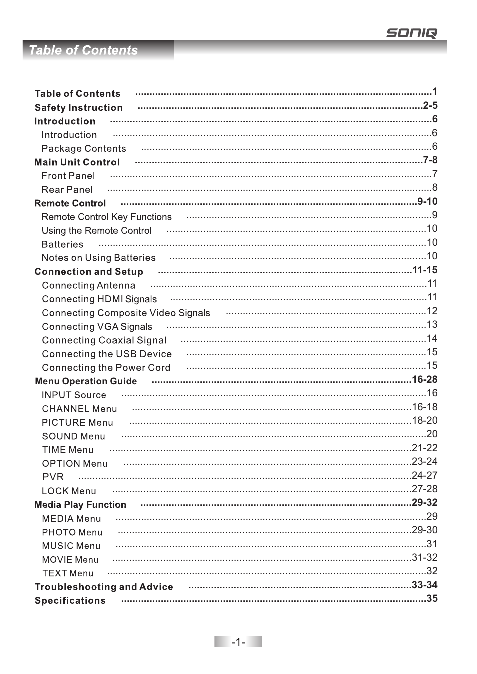 SONIQ L42V11A User Manual | Page 3 / 38