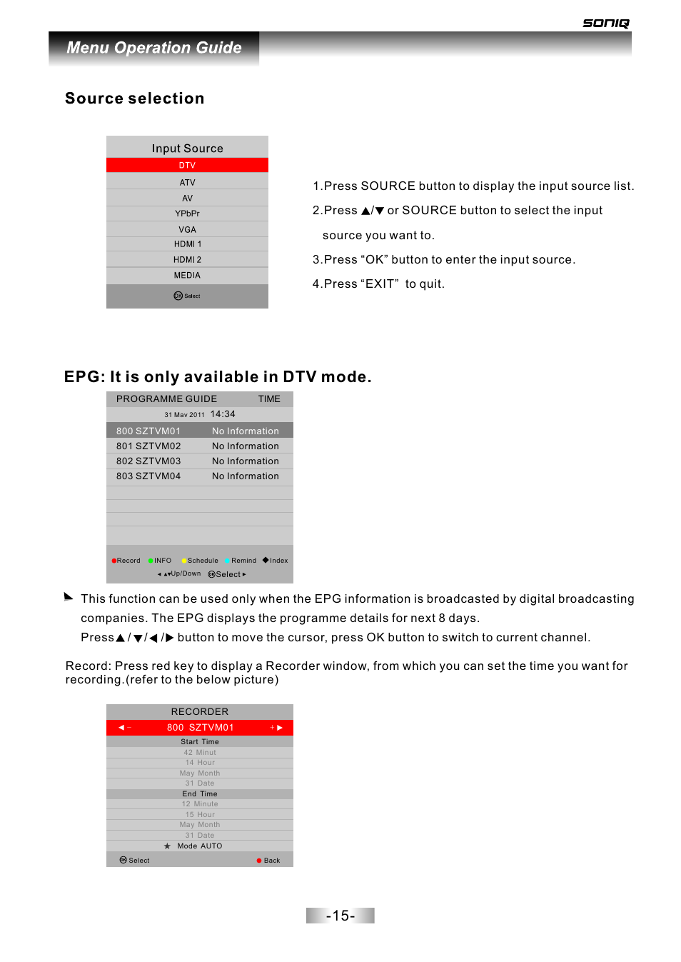页面 16, Epg: it is only available in dtv mode | SONIQ L42V12A User Manual | Page 16 / 33
