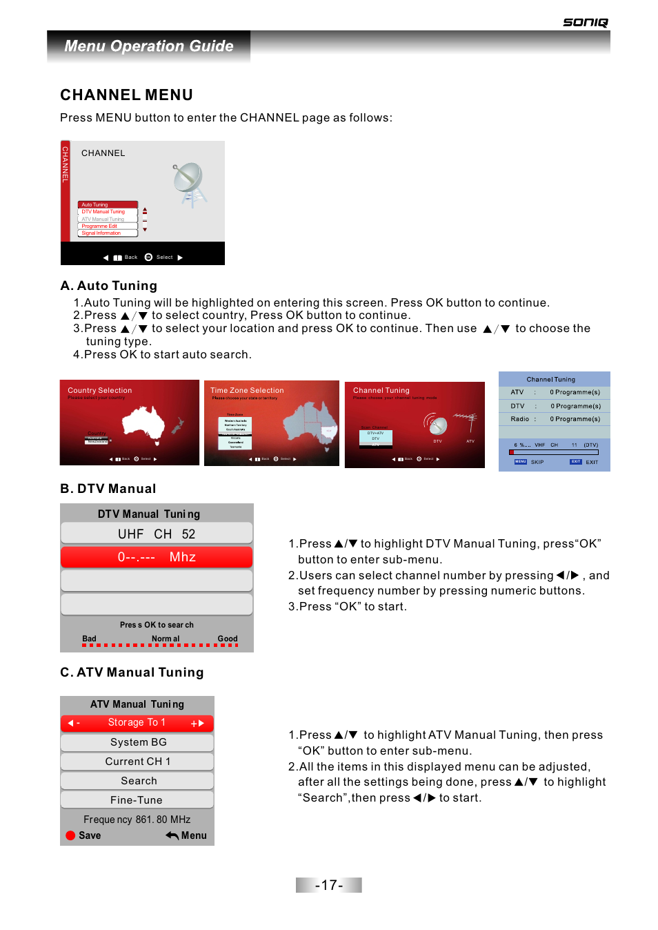 页面 18, Channel menu, Uhf ch 52 0--.--- mhz | A. auto tuning, B. dtv manual c. atv manual tuning, Dt v manual tuni ng | SONIQ L42V12A User Manual | Page 18 / 33