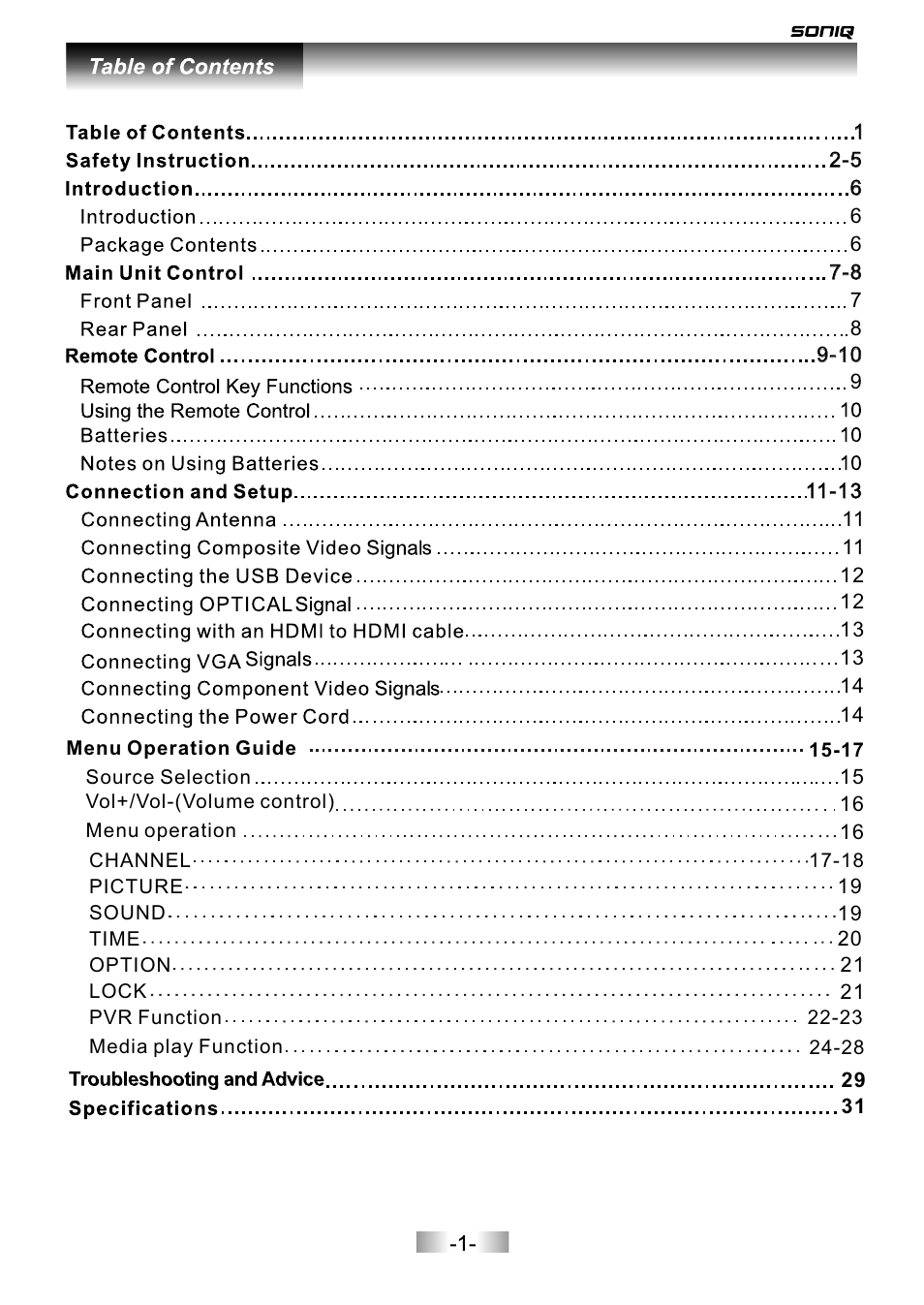 页面 2 | SONIQ L42V12A User Manual | Page 2 / 33