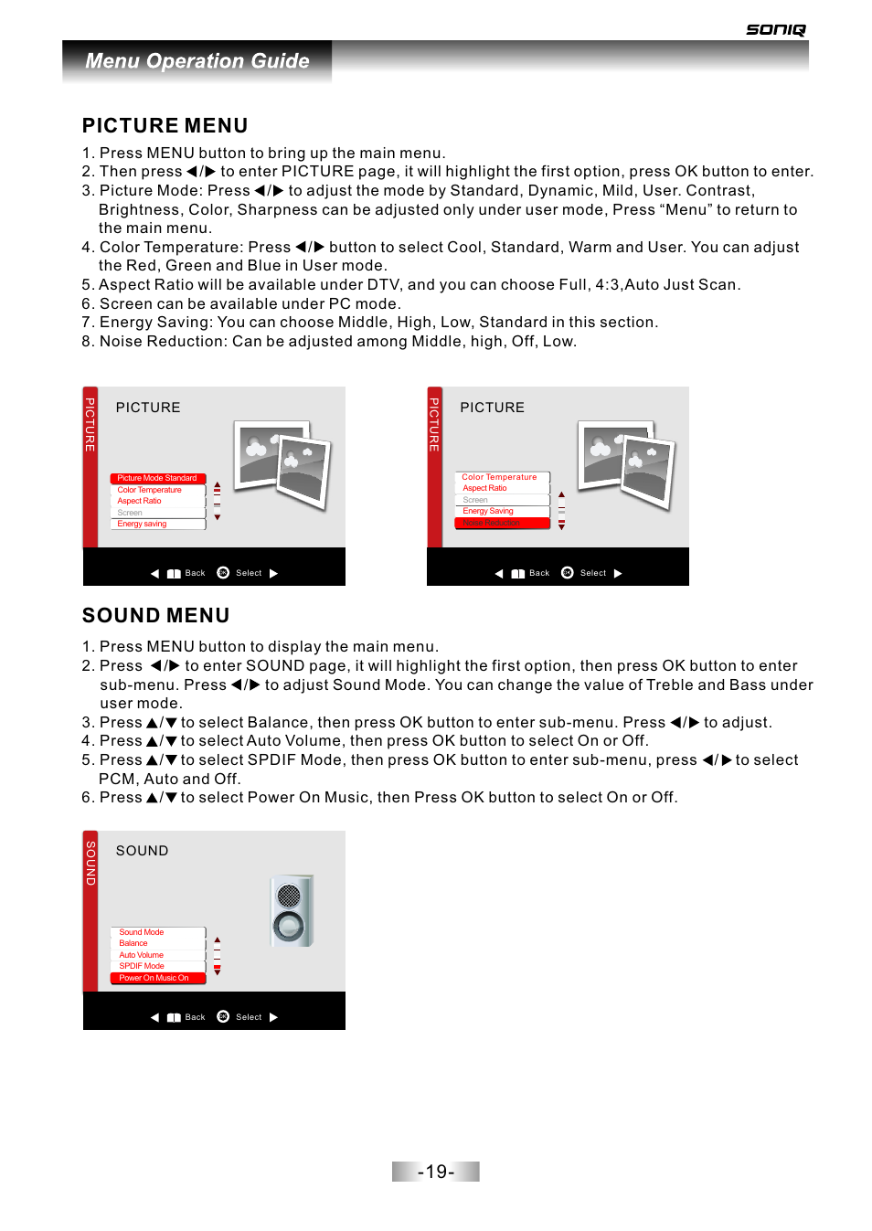 页面 20, Picture menu sound menu | SONIQ L42V12A User Manual | Page 20 / 33