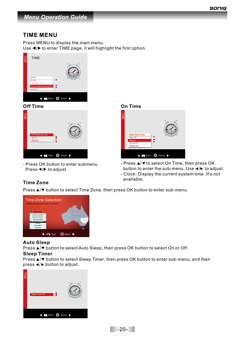 页面 21, Time menu, Off time | On time, Time zone, Auto sleep, Sleep timer | SONIQ L42V12A User Manual | Page 21 / 33