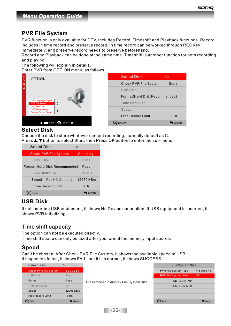 页面 23, Usb disk, Time shift capacity | Time shift capacity speed, Pvr file system, Select disk | SONIQ L42V12A User Manual | Page 23 / 33