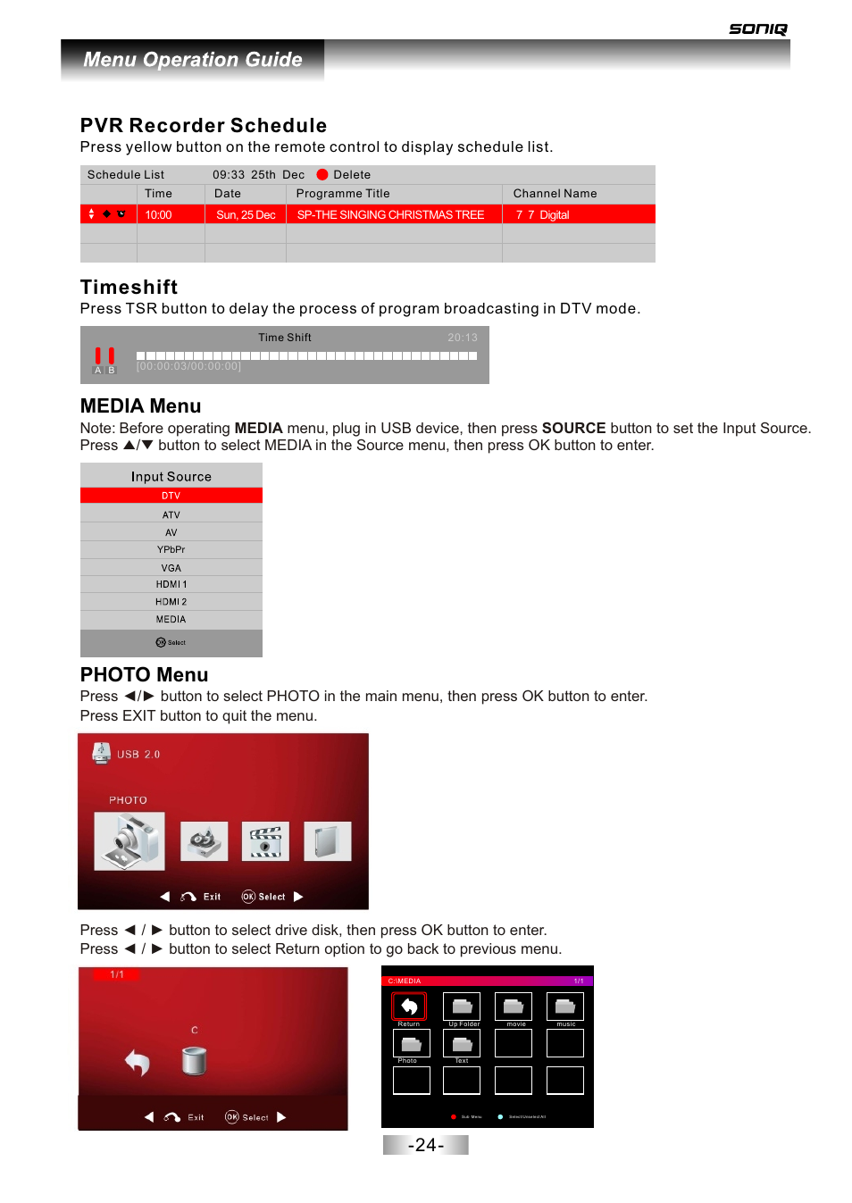 页面 25, Photo menu media menu, Timeshift | Pvr recorder schedule | SONIQ L42V12A User Manual | Page 25 / 33