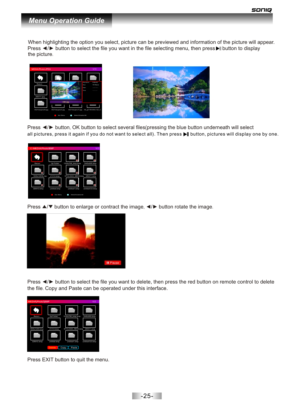 页面 26, Button rotate the image, Press ◄/► button | Button to display the picture | SONIQ L42V12A User Manual | Page 26 / 33