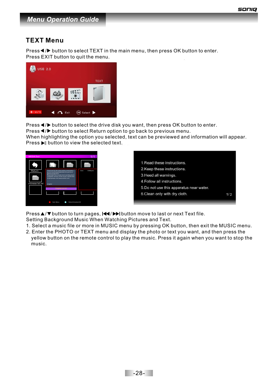 页面 29, Text menu | SONIQ L42V12A User Manual | Page 29 / 33