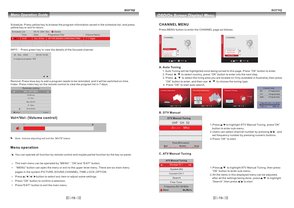 Channel menu, Uhf ch 52 0--.--- mhz, A. auto tuning | B. dtv manual c. atv manual tuning | SONIQ L60U11A-AU User Manual | Page 11 / 26